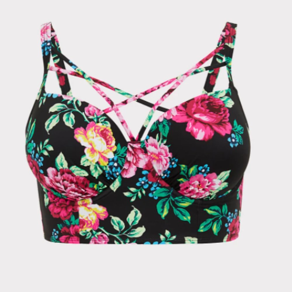 Black Floral Lattice Underwire Bikini Top